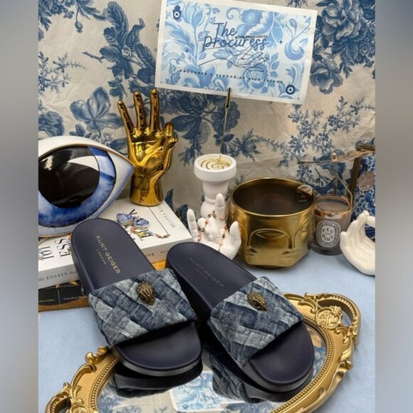 🆕 KURT GEIGER LONDON 🧿 NWOT Blue Denim Meena Eagle Slides, Sz EU 36.5 US 6.5 - Picture 2 of 14